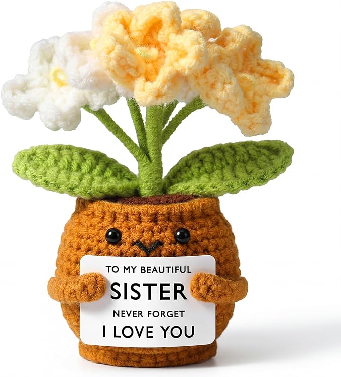 Wavwavw Sister Gifts Handmade Crochet Doll with Card Crochet Present for Sisters Sis Big Little Sister Birthday Wedding Home Decor(Yellow Myosotis)