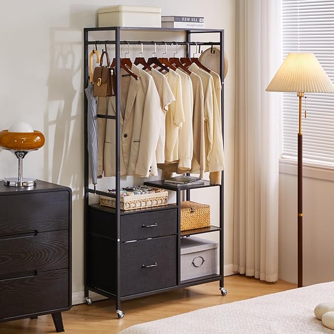 Clothes Rack, Heavy Duty Garment Rack for Hanging Clothes, Industrial Clothing Racks with Shelves, 2 Fabric Drawers, 4 Hooks, 1 Hanging Rods Black YD-TM080B