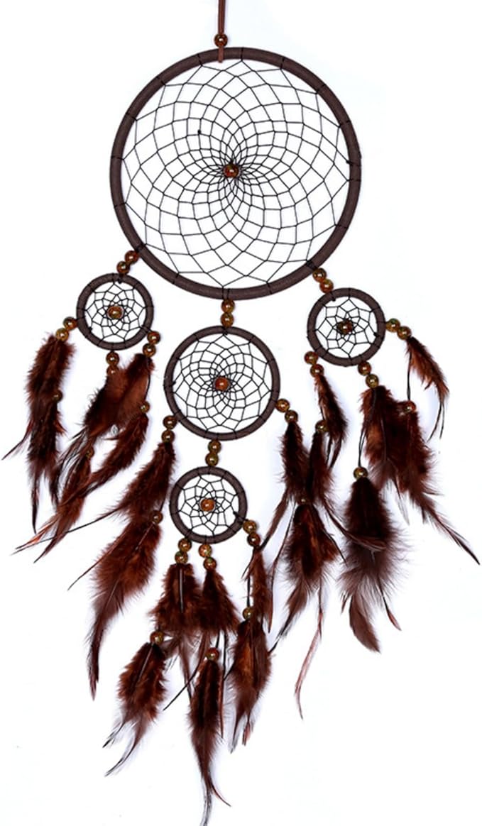 Handmade Dream Catchers Wall Decor,Boho Feather Dreamcatcher with Natural Elements,Unique Home Decor Gift for Bedroom, Living Room (Dark Brown 19.7in)