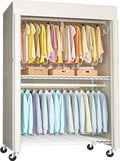 FUTASSI White Clothing Rack with Beige Cover, P1C Plus Rolling Closet with Wheels, Metal Garment Rack for Hanging Clothes, Clothing Storage Wardrobe, 46" W x 18.5" D x 80.7" H, Load 524 Pounds