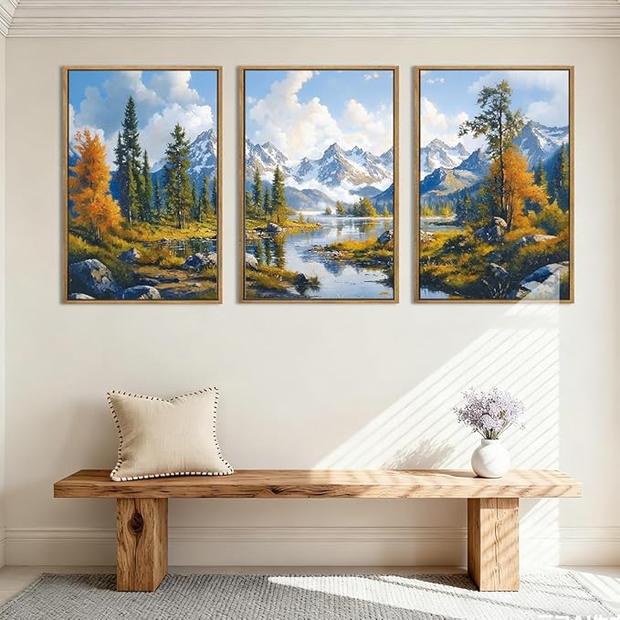 BINCUE Framed Mountain Landscape Wall Art Nature Forest Wall Decor Tree and River Art Print Nature Landscape Artwork Mountain Forest Wall Pictures for Living Room Bedroom Office Farmhouse 16x24 Inches Set of 3 Gift