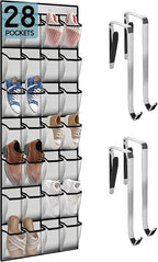 28 Compartment Over the Door Shoe Organizer, Breathable Mesh Large Shoe Rack for Closet Storage, Space Saving Hanging Shoe Holder with Reinforced Hooks (Fits Men & Women,White-01)