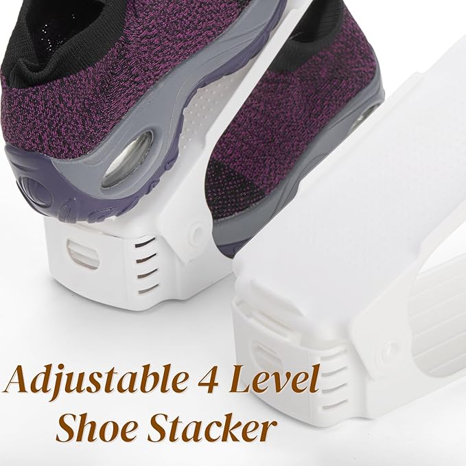 24 Packs Shoe Slots Organizer, Adjustable 4 Level Shoe Stacker, Double Layer Stack Shoe Holder, White Plastic Shoes Space Saver, Thickening Shoe Rack Holder for Closet Organization