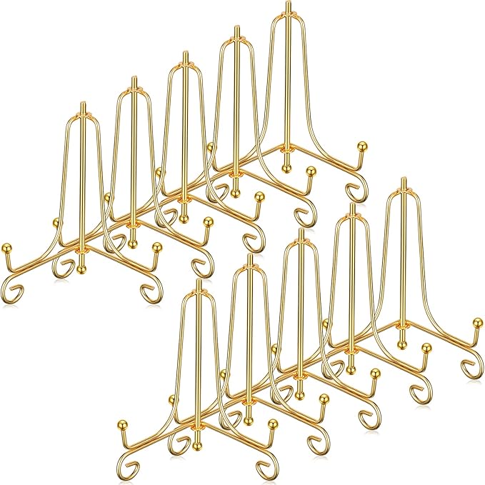 10 Pack 4 Inch Iron Plate Stands for Display, Plate Holder Display Stand, Gold Easel Stands for Photo, Picture Frame, Decorative Dish, Book and Tabletop Art (Gold, 4 Inch)