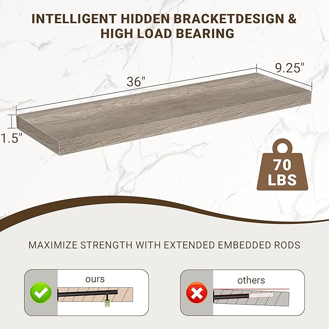 Acovy 36 Inch Floating Shelves, 3D Textured Wood Grain, 36"x9.25"x1.5" Inch Deep Floating Shelves for Wall, Wooden Shelves for Bathroom, Bedroom, Living Room, Vintage Gray Oak, 2 Pieces