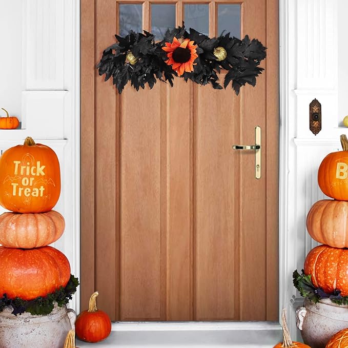 Artificial Flower Swag, Rose Eucalyptus Floral Swag Black Decorative Swag, Decorative Swag with Black Eucalyptus Leaves for Halloween Home Front Door Lintel Wedding Arch Party Tabletop Wall Decor(A2)