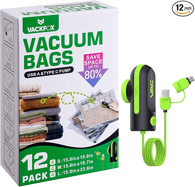 12 Pack Vacuum Travel Bags with Pump for Clothing with USB and TYPE C Pump,Carry-on Size Space Saver vacuum seal bags for clothing Storage Bags for Vacation Cruise（Green）