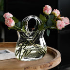 Glass Purse Vase for Flowers, Clear Bag Vase with Handle, Unique Handbag Shape Decorative Fish Bowl for Cute Room Table Shelf Decor, Wedding Centerpiece