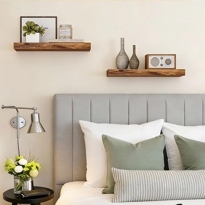 Fixwal Floating Shelves for Wall, 15.7" Wood Wall Mounted Shelves for Living Room, Bedroom, Bathroom and Kitchen, for Storage, Books, Room Decor (Rustic Brown, Set of 2)