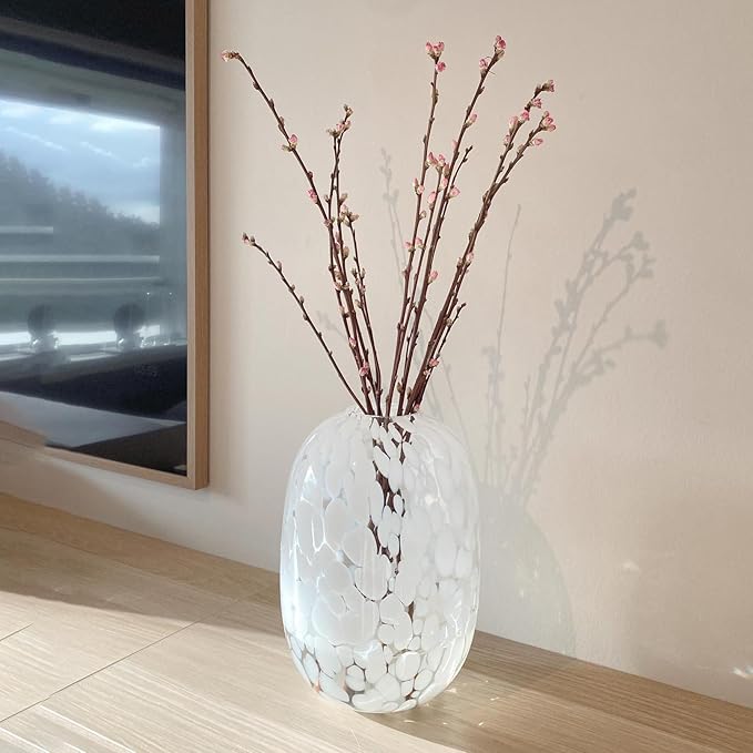 White Glass Vase, Large Glass Vase for Flowers, Modern Flower Vases, Tall Floor Vases for Living Room, Dining Table, Mantle, Shelf, Wedding, Office, 10 Inches