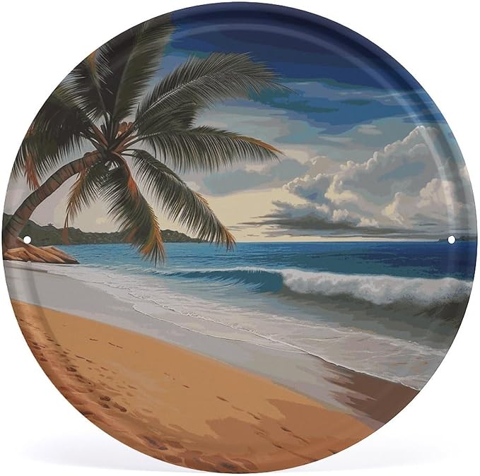 Wall Picture, with Coconut Palm Tree Sandy Beach Printed Circular Iron Hanging Picture,Wall Art Decor,Home for Bedroom Living Room Bathroom Decor,Iron Painting 11.8X11.8 in