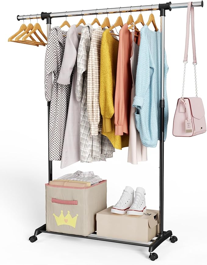 Whitmor Heavy Duty Adjustable Garment Rack-Rolling Clothes Organizer, Black and Chrome
