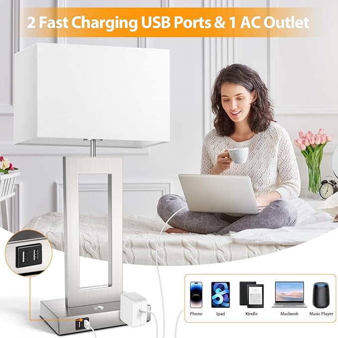 Table Lamps for Bedrooms Set of 2, 27.2’’ Tall Modern Silver Lamps for Living Room Nightstand, Touch Control Bedside Lamps with 2 USB Ports&AC Outlet, Stepless Dimming, 3 Color Temp. Bulbs Covered