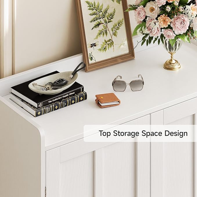 White 7+1 Tier Farmhouse Shoe Storage Cabinet - 45" Tall Entryway Organizer with Cross Molding Doors, 3 Adjustable Shelves & Metal Legs, Shoe Rack for Front Door Entrance