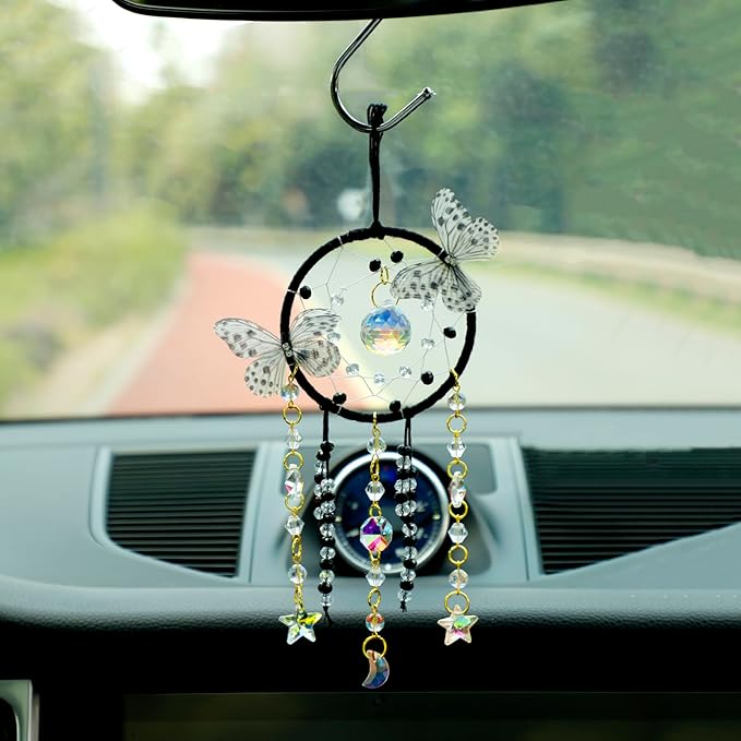 Artilady Dream Catcher for Girls - Butterfly Small Black Dream Catchers with Crystals Cute Room Decor for Teen Girls Boys Boho Bedroom Wall Home Decorations Birthday Christmas Women Kids Gifts
