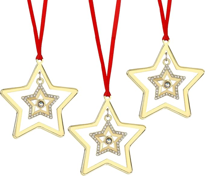 Set of 3 Christmas Hanging Ornaments - Silver Snowflake Star Pawprint Christmas Tree Decor for Xmas Tree Gift Decorative Hanging Ornaments Hanging Pendants (3, Golden Star)