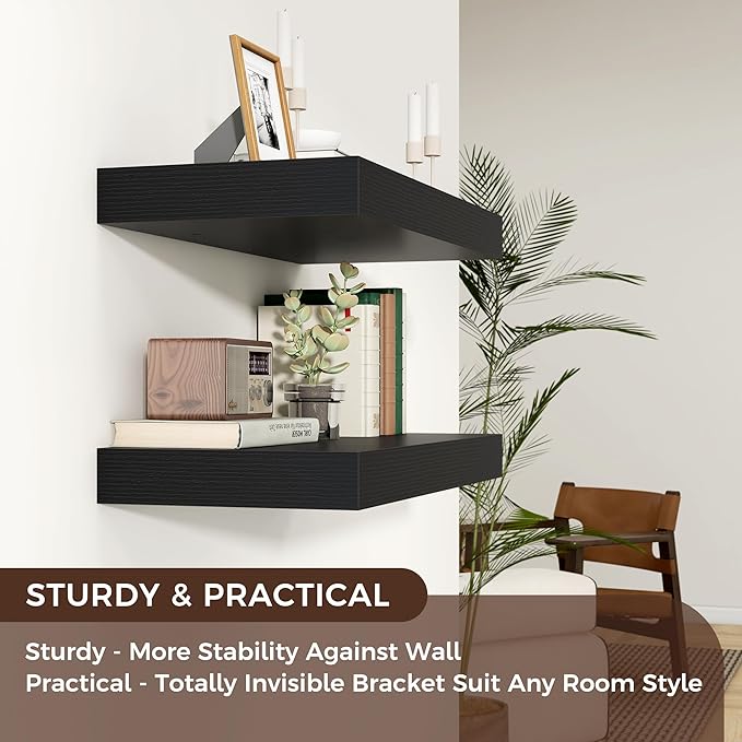 Venusmiles Floating Shelves for Wall, 24 Inch Wide x 12 Inch Deep Floating Shelves, Long Wood Floating Wall Shelf Shelves for Living Room Bathroom Bedroom Kitchen Home - (Black, 24" W x 12" D x 2" H)