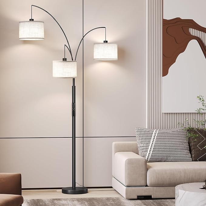SUNMORY 3 Lights Floor Lamp with Remote Control and 3 Stepless Dimmable Bulbs, 78" Tall Standing Lamp with Hanging Drum Shade & Heavy Base, Modern Arc Floor Lamps for Living Room, Bedroom, Office