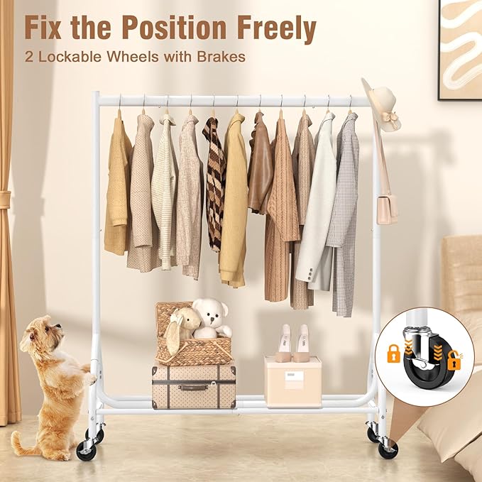 EAGMAK Heavy Duty Clothes Rack Load 420 LBS, 47.2" Long Rolling Garment Rack with Lockable Wheels, Standing Metal Clothing Hanger, Portable Wardrobe Sturdy Coat Organizer for Hanging Clothes (White)