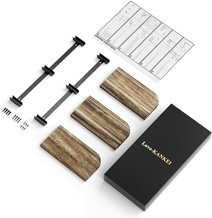 Love-KANKEI Corner Shelf Wall Mount of 3 Tier Rustic Wood Floating Shelves for Bedroom Living Room Bathroom Kitchen Office and More Carbonized Black