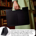 Leather Magazine Holder Foldable with Handles，Stable Magazine Rack Floor，Magazine Basket File Holder Storage，Document File Folder Organizer Free Standing for Office Living Room (black)