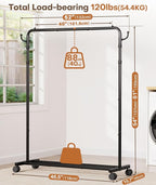 Homde Heavy Duty Clothes Rack: 120lb Standing Garment Storage for Indoor - Rolling Hanging Rod for Bedroom Laundry Room - Coat Dress Organizer on Wheels with luggage shelf (Black, 46.5")