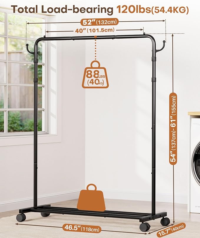 Homde Heavy Duty Clothes Rack: 120lb Standing Garment Storage for Indoor - Rolling Hanging Rod for Bedroom Laundry Room - Coat Dress Organizer on Wheels with luggage shelf (Black, 46.5")
