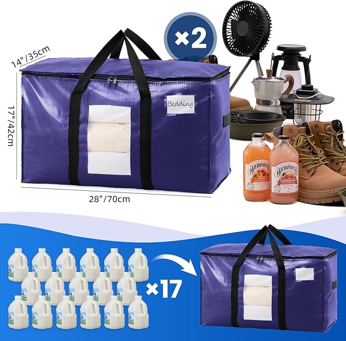 TAILI 2 Pack Dark Blue Extra Large Moving Bags, Heavy Duty Totes with Visible Window, Wrap Around Handles, Great for Storage