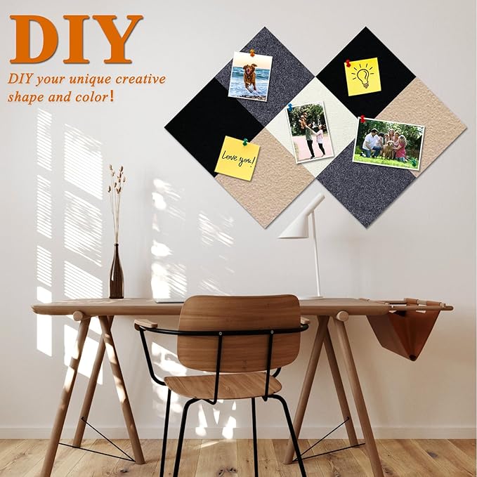 Square Felt Cork Bulletin Board Tiles, Self Adhesive DIY Felt Pin Board for Wall 30" x 20" with 35 Pushpins for Office School Home Wall Decor Stickers Memos Photos Display (Gradual Grey& Camel)