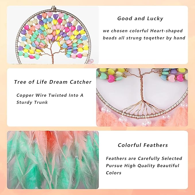 Pretty Jolly Macaroon Candy Tree of Life Dream Catcher Wall Decor with Healing Crystal Stone Handmade Feather Dream Catchers Decoration Wall Hanging Bedroom Living Room Wedding Party Home Decor-25.6"
