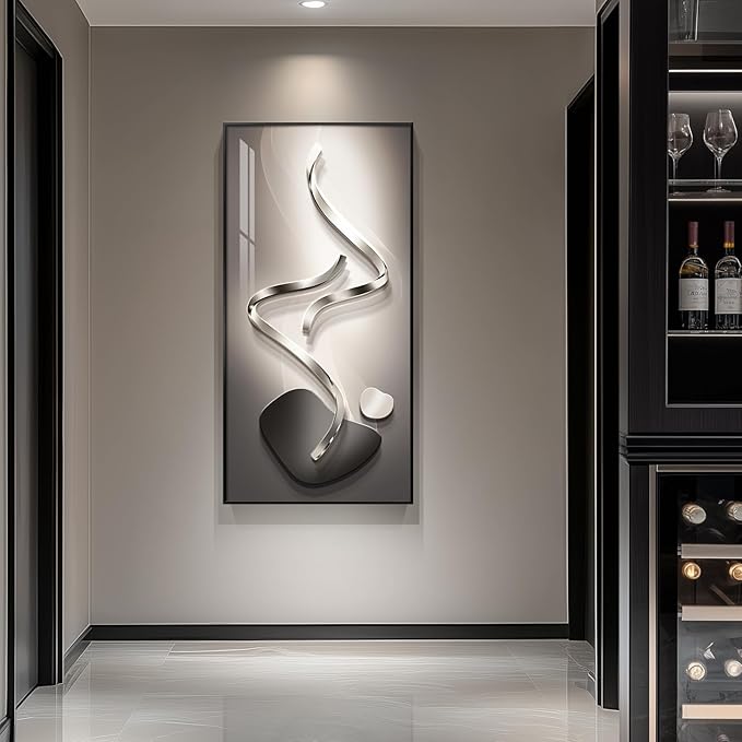 Large Framed Modern Abstract Vertical Wall Art for Living Room, Black Grey Prints Paintings Artwork for Walls, Silver Gray Luxury Pictures for Hallway Entryway Foyer Stair Office Wall Decor 30x60 Inch