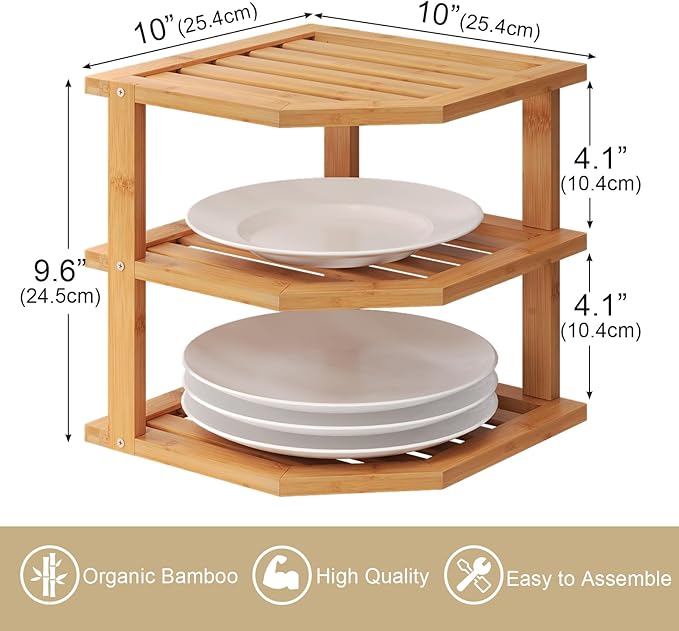 VERTORGAN 3 Tier Bamboo Corner Shelf(4 Pack),Dish Drying Rack,Plate Organizer,Kitchen Spice Rack for Countertop and Cabinet