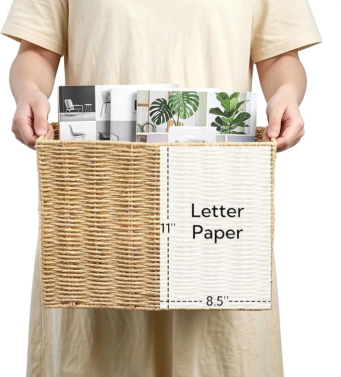 Woven Magazine Holder, 15'' x 6'' x 11'' Book Basket with Built-in Handles, Narrow File Storage Newspaper Organizer for Living Room, Bedroom, Office, Bathroom