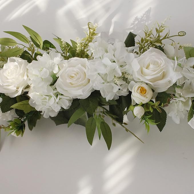 Wedding Arch Flowers, 25.6 Inch Artificial Rose Flower Swag, Decorative Rose Floral Swag for Lintel, Green Leaves Flower Garland for Home Garden Wedding Door Decor (White)
