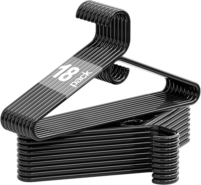 Black Plastic Hangers 18 Pack, Heavy Duty Clothes Hangers for Standard Size Hangers with Center Hook & Non-Slip Pants Bar for Shirts, Pants, Coat, Dresses, Jackets, Scarves and Belts