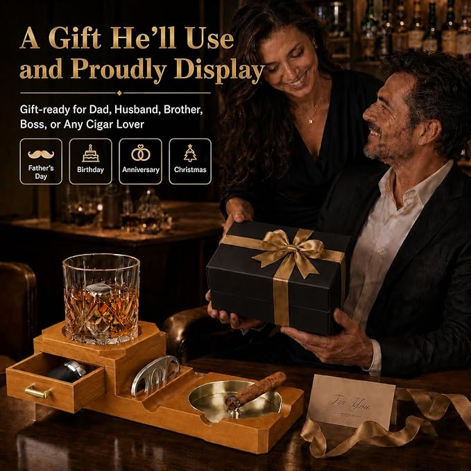 Cigar Ashtray Gift Set with Cigar Cutter, Whiskey Glass Tray and Wooden Ash Tray Outdoor Ashtray for Cigarettes, Great Decor for Home Office cigar Gifts for Men
