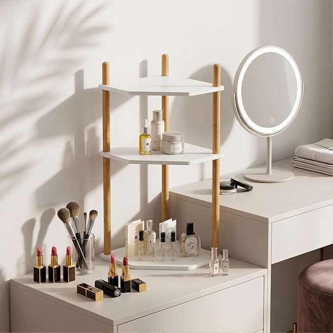 3-Tier Expandable Bamboo Corner Shelf - Dish/Plate Organizer for Cabinet, Kitchen Counter Shelf & Small Kitchen Shelf, Adjustable (White, 1-Pc 11.4" H)