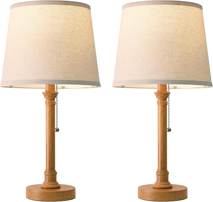 Oneach 19.5" Small Table Lamps Set of 2, Pull Chain Switch Bedside Metal Table Lamps, Modern Nightstand Lamp with Linen Shade, Rustic Lamp for Living Room, Bedroom, Home Office, Nursery