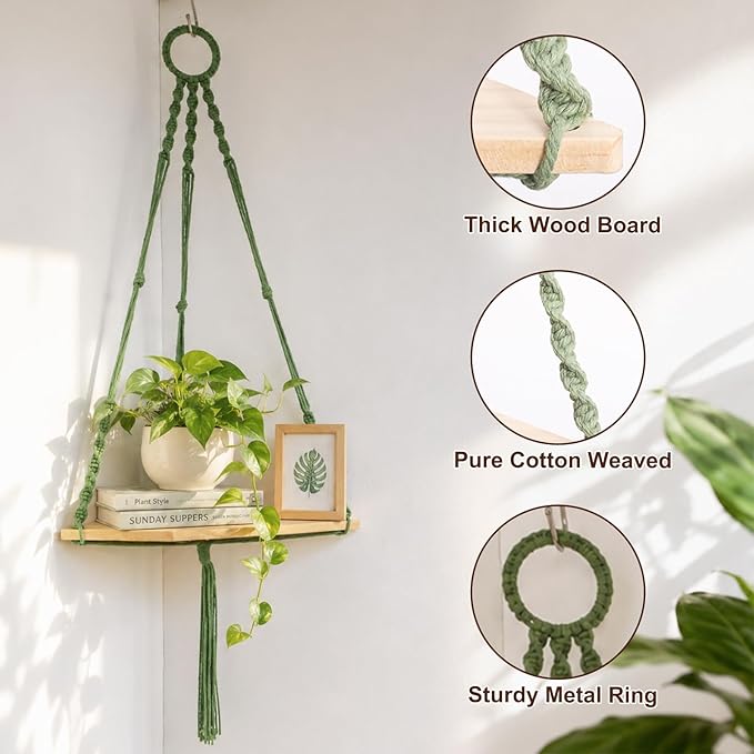 Artilady Macrame Corner Shelf Green Wall Hanging Planter Decor, Adjustable Rustic Floating Shelves Display for Indoor Plants Candle Holder, Bedroom Living Room Boho Wall Art (Sage Green)