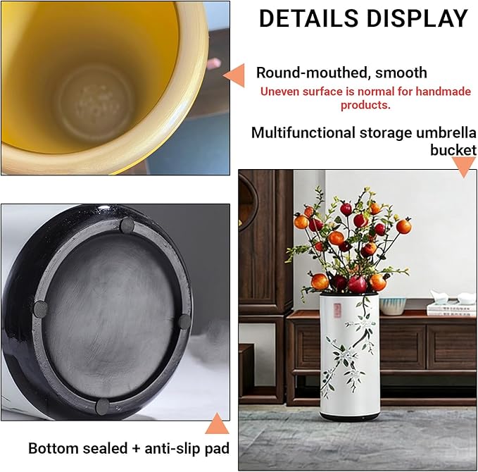 Ceramic Umbrella Stand Umbrella Holder for Entryway Hand-Made Umbrella Stand Barrels Umbrella Holder Cane Floor Standing Vase Ceramic Storage Bucket for Home Office Entrance Indoor.(Beige 204-1)
