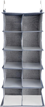 Household Essentials Hanging Cotton Blend and Plastic Closet Shoe Organizer with 10 Storage Compartments, Denim