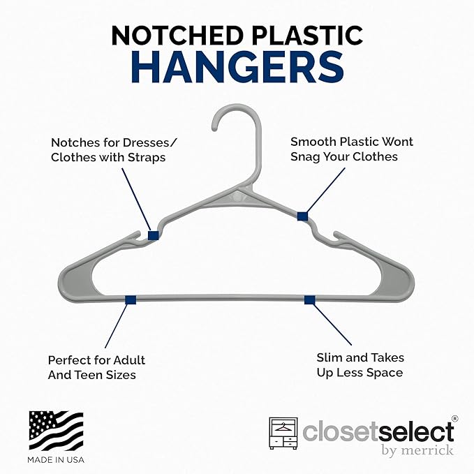 Plastic Hangers 50 Pack - Space Saving Clothes Hangers, Made in USA, Durable & Strong Plastic Shirt & Coat Hanger with Notches & Shoulder Grooves, Non-Slip Clothing Hangers | Silver Hail