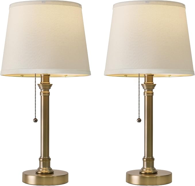 Oneach 19.5” Warm Gold Table Lamps Set of 2, Pull Chain Switch Bedside Table Lamps, Modern Nightstand Lamp with Linen Shade, Small Desk Lamp for Living Room, Bedroom, Home Office, Nursery