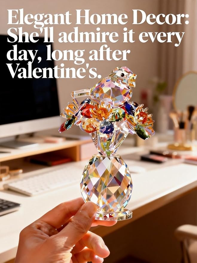 Crystal Figurines with Bird & Forget-Me-Not, 4.7 Inch K9 Crystal Keepsake & Paperweight, Romantic Home Decor Table Centerpiece for Mother Wife Sister (Colorful)