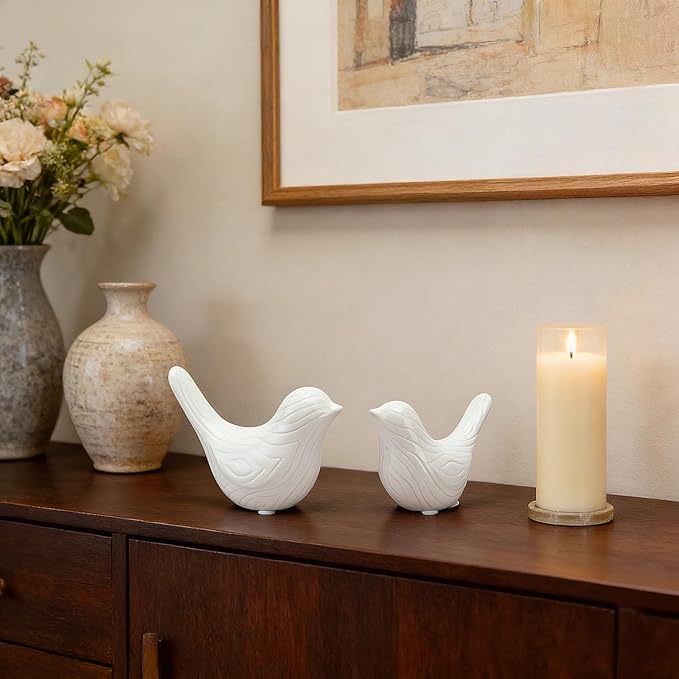 FANTESTICRYAN Set of 2 Small Ceramic Birds Statue, Home Decor Modern Style Animal Sculptures, Decorative Figurine Ornaments for Office Desktop, Bookshelf, Coffee Table, Bedroom, Living Room, Cabinets