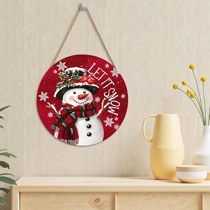 Christmas Snowman Front Door Sign Snowflake Wood Door Hanger for Outdoor Outside Porch Winter Cardinal Birds Decoration Welcome Sign Farmhouse Round Wall Hanging Xmas Wreath Decor for Home 12"x12"