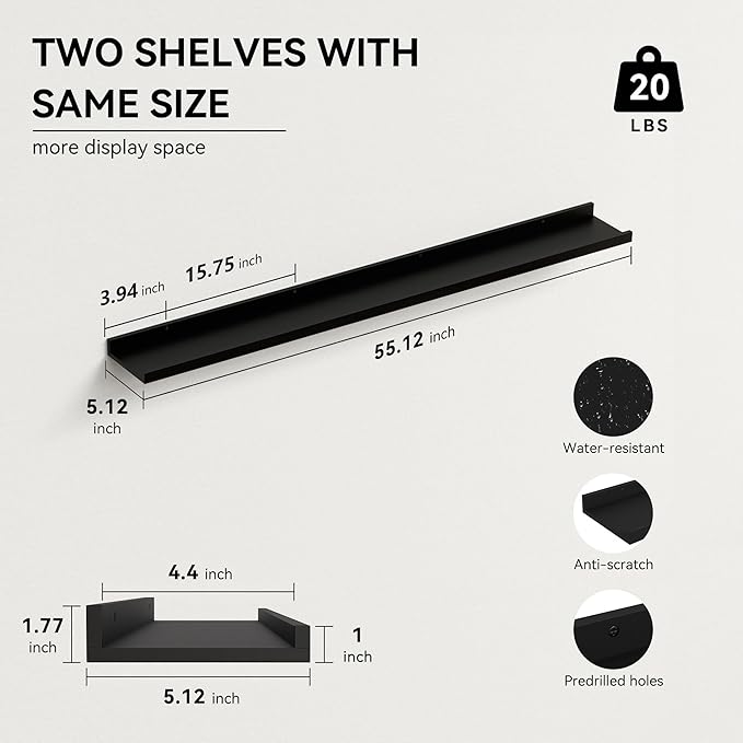 Boswillon 55.1 Inches Long Floating Shelves, 2 Set Modern Wall Shelf for Bedroom, Nursery Book Shelf with Lip, Picture Ledge Shelf for Wall Decor Living Room Bathroom Kitchen - Black
