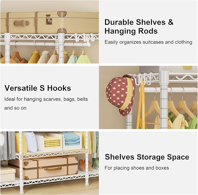 Ulif E3 Heavy Duty Garment Rack, 4 Tiers Freestanding Closet Organizer System with 5 Shelves, Metal Closet Organizer and Storage System for Clothes, Max Load 850lbs, 58.4"W x 15.7"D x 77.3"H, White
