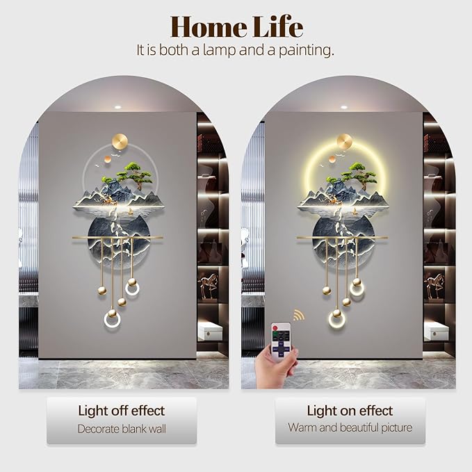Wall Sculptures 3D Wall Art Decor Landscape Painting Wall Hanging Art with Led Light for Living Room Entrance Corridor (Stylle E)