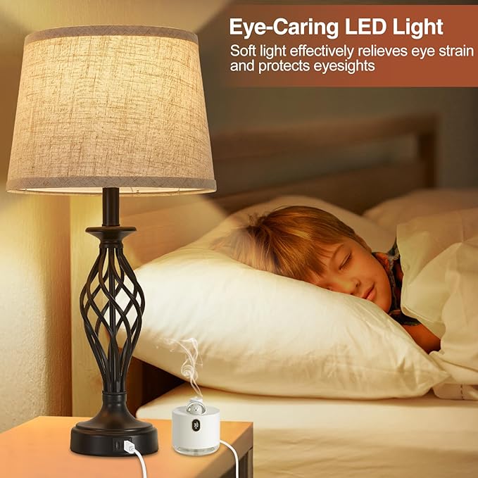 Table Lamp for Bedroom Set of 2 with USB C+A Ports, Modern Bedside Lamps with Spiral Cage Base, Fabric Shade, Nightstand Lamp for Living Room Reading Bed Side End Table, 2 LED Bulbs Included Black